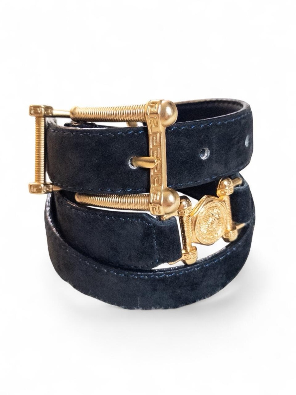 Vintage Navy Suede Leather Belt with Ornate Gold Hardware – Fits XS